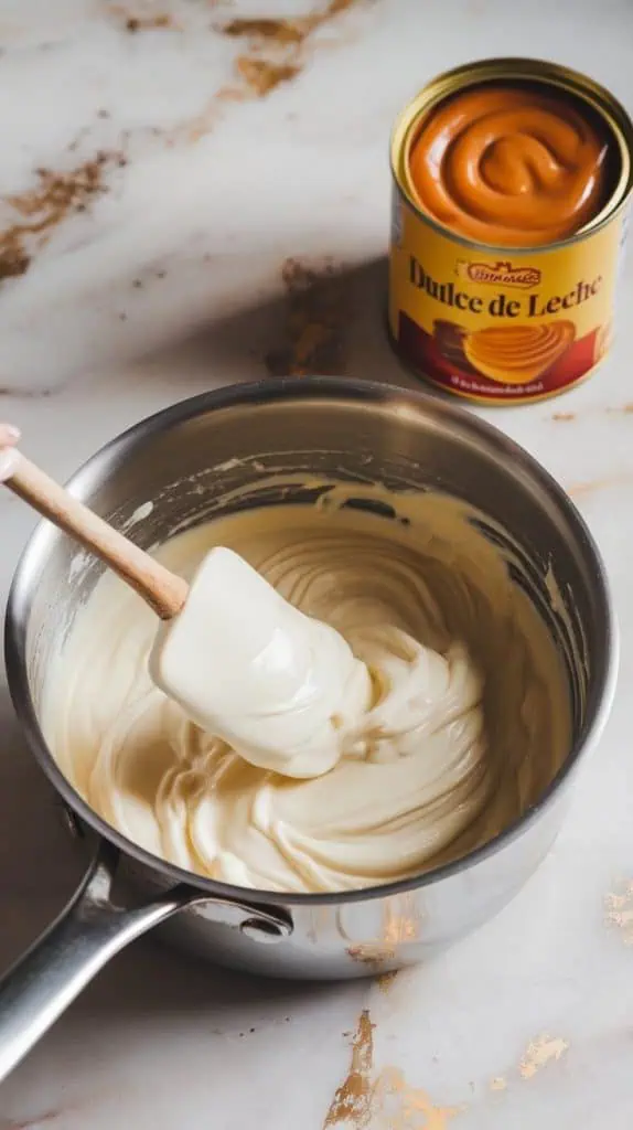 A super close-up shot of a spatula stirring melted white chocolate and sweetened condensed milk