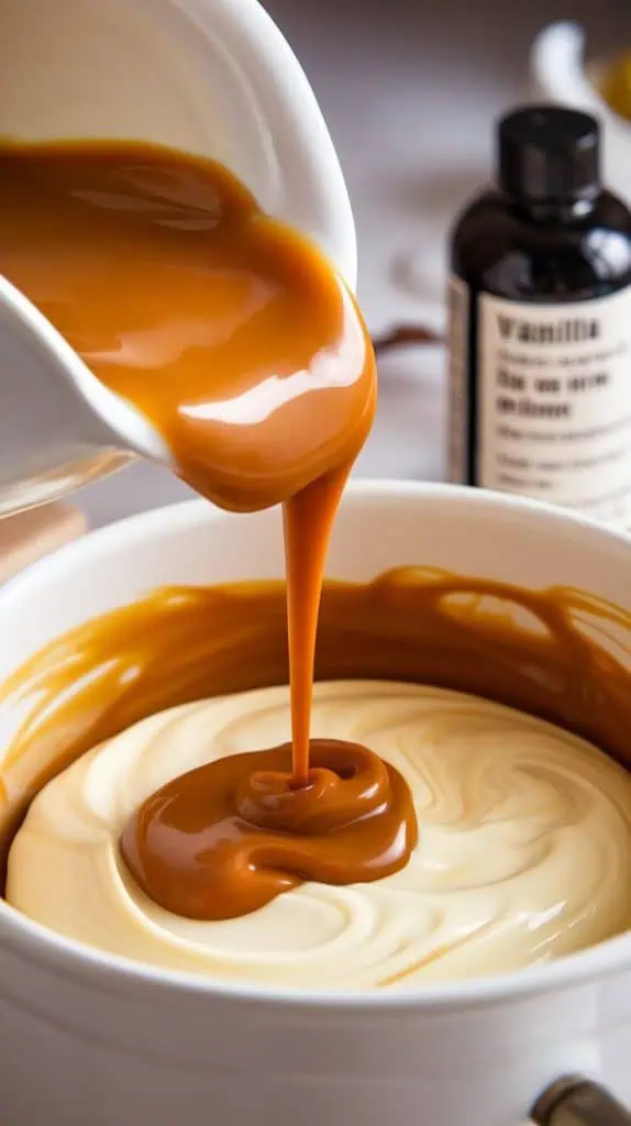 A super close-up shot of thick dulce de leche being poured into melted white chocolate