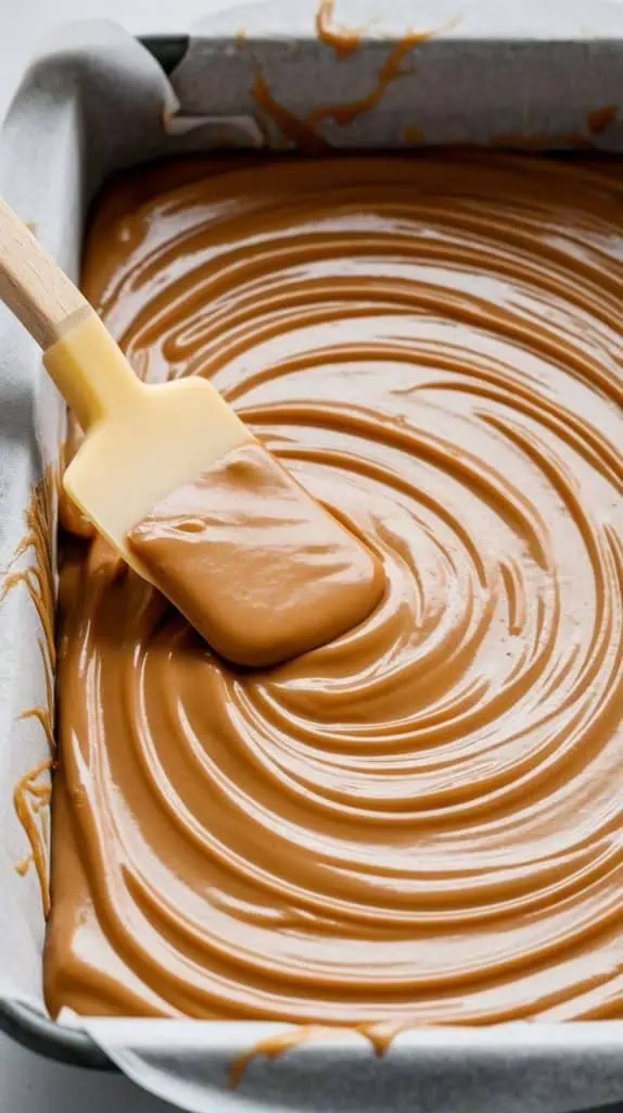 A super close-up shot of a spatula spreading smooth dulce de leche fudge into a parchment-lined baking dish