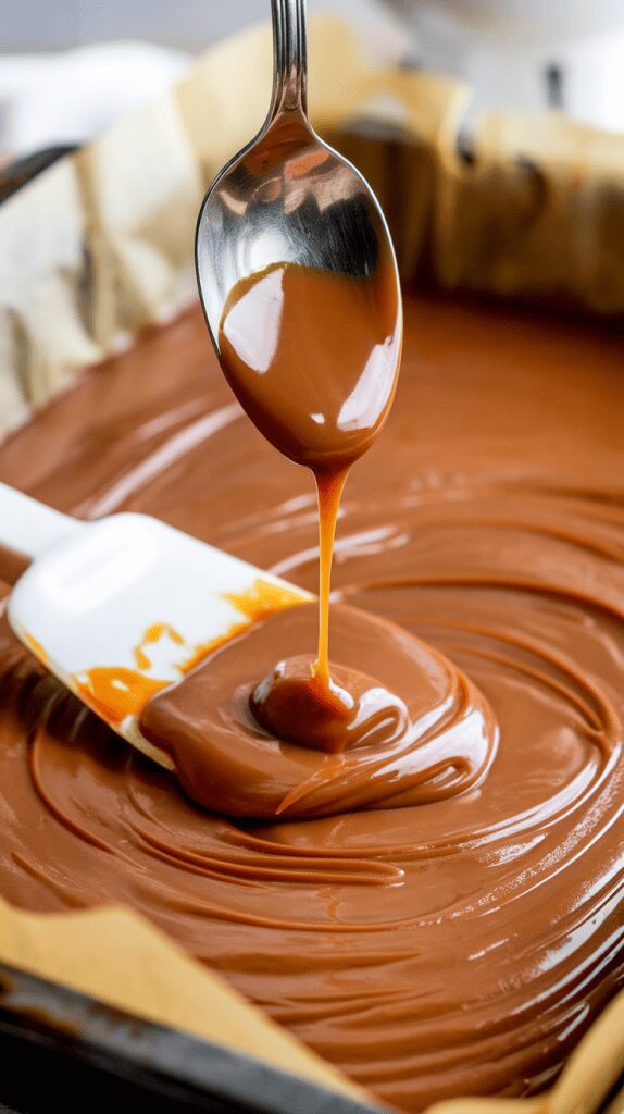 A super close-up shot of a spoon drizzling thick dulce de leche over smooth fudge