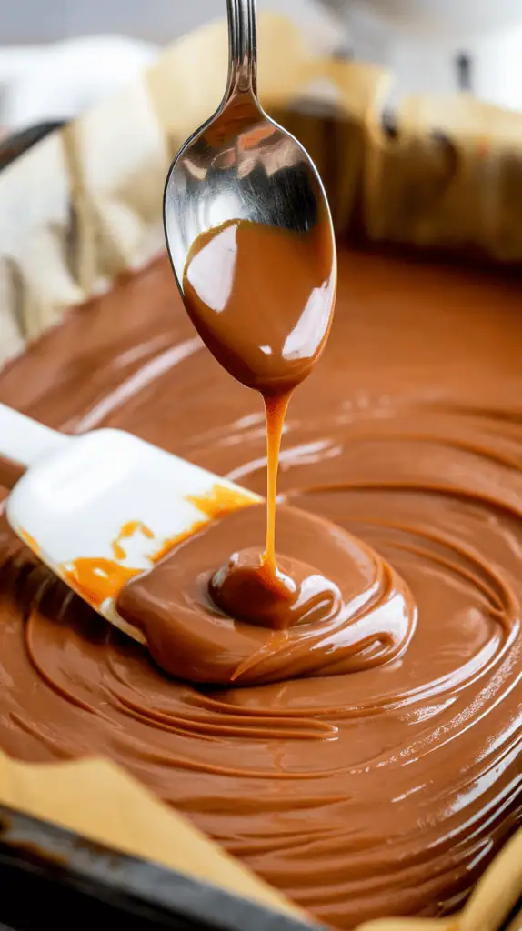 A super close-up shot of a spoon drizzling thick dulce de leche over smooth fudge