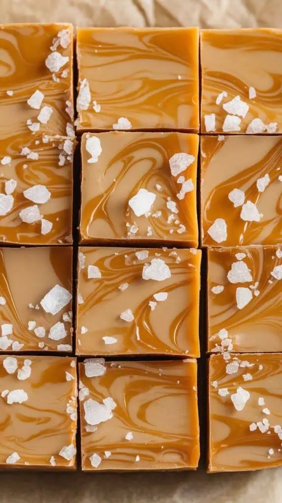 A super close-up shot of Dulce de Leche Fudge squares neatly stacked on parchment paper, sprinkled with flaky sea salt