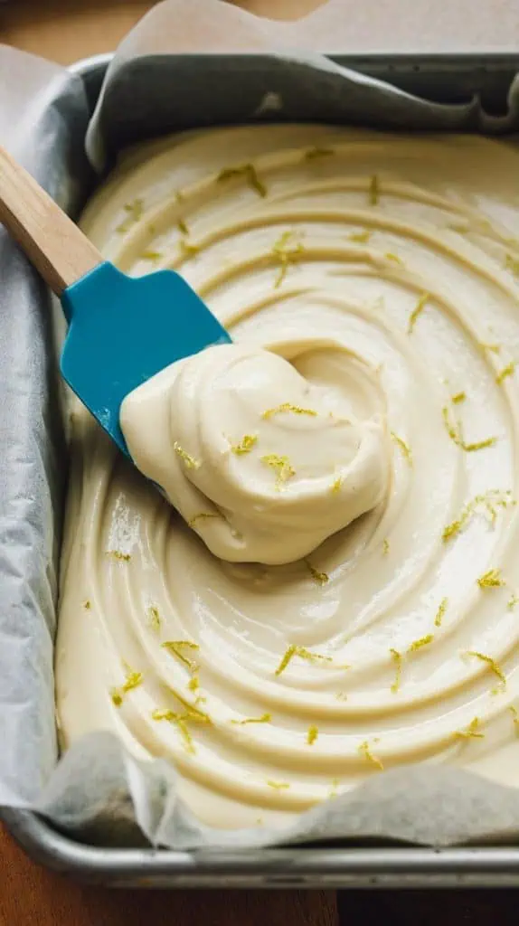 A super close-up, top-down shot of a spatula spreading thick key lime fudge into a parchment-lined baking dish