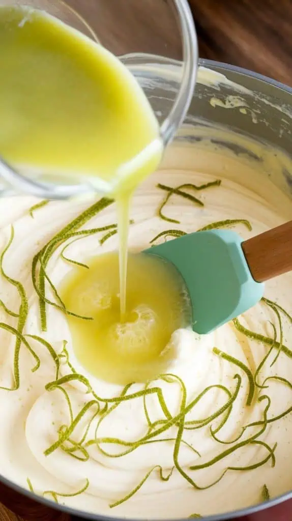 A super close-up, top-down shot of key lime juice being poured into the creamy white fudge mixture,