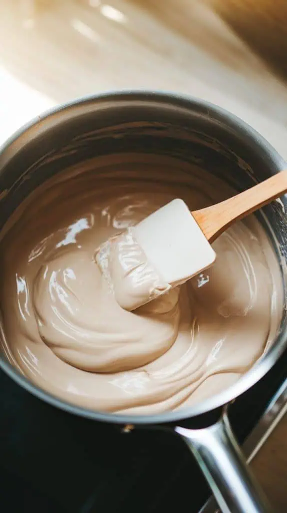 A super close-up, top-down shot of a spatula stirring melted white chocolate, sweetened condensed milk, and butter in a saucepan