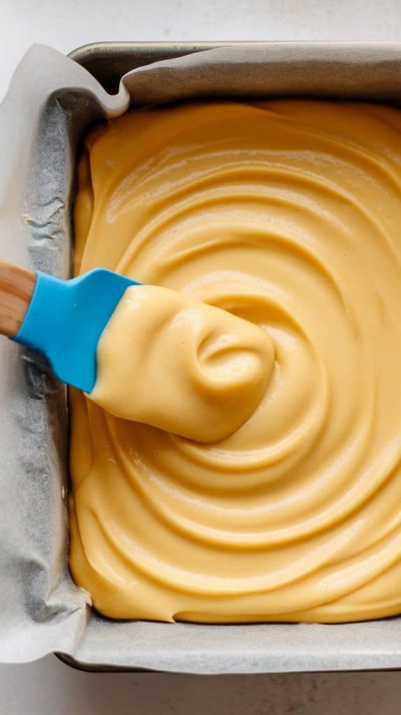 A super close-up shot of a spatula spreading thick lemon fudge into a parchment-lined baking dish
