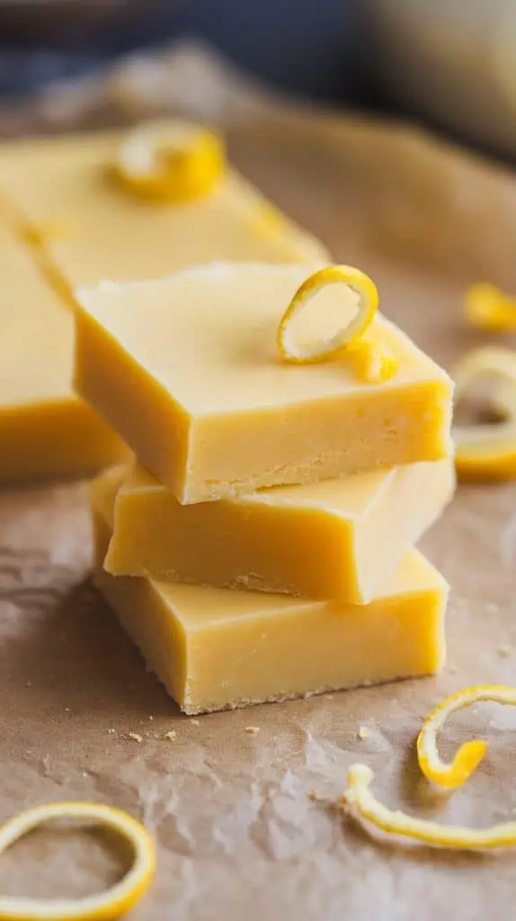 A super close-up shot of Lemon Fudge squares stacked on parchment paper