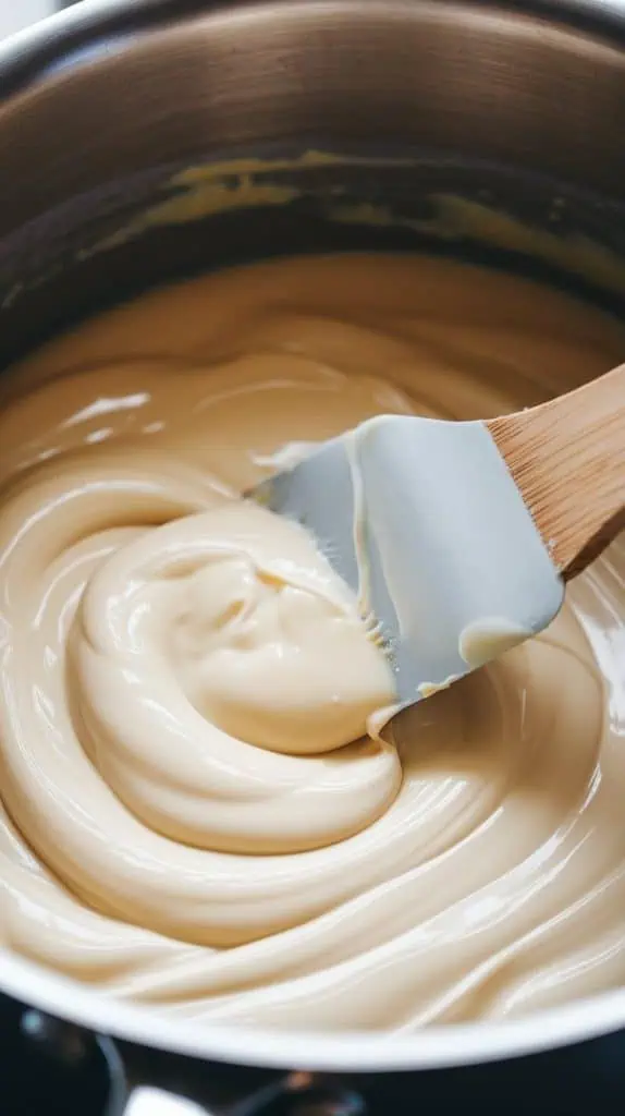 A super close-up shot of a spatula stirring melted white chocolate, sweetened condensed milk, and butter