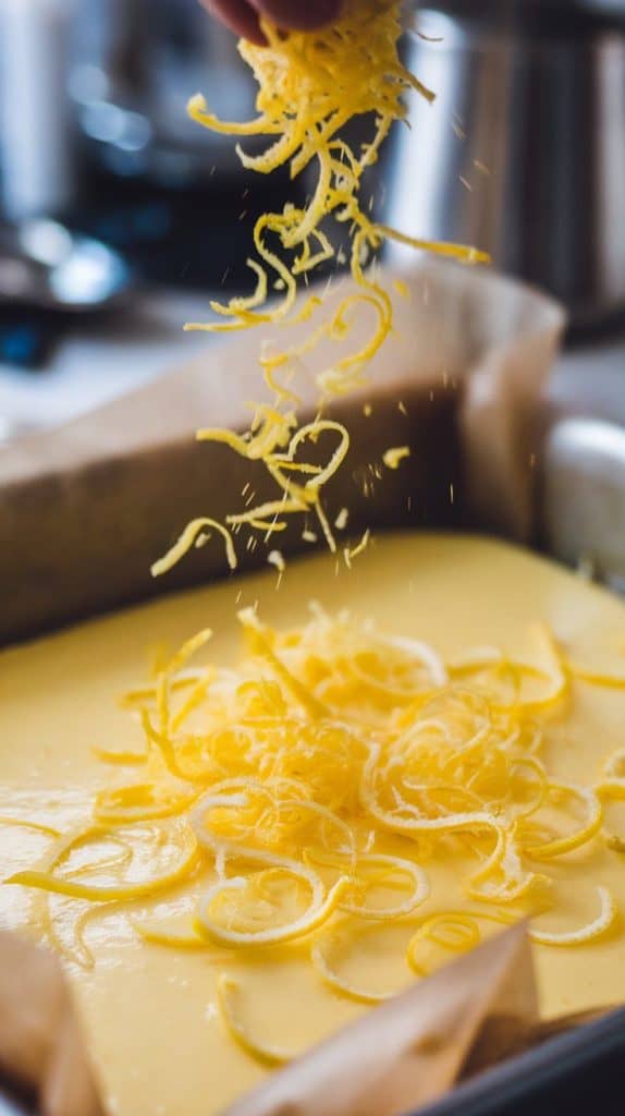  A super close-up shot of bright yellow lemon zest being sprinkled over the smooth fudge