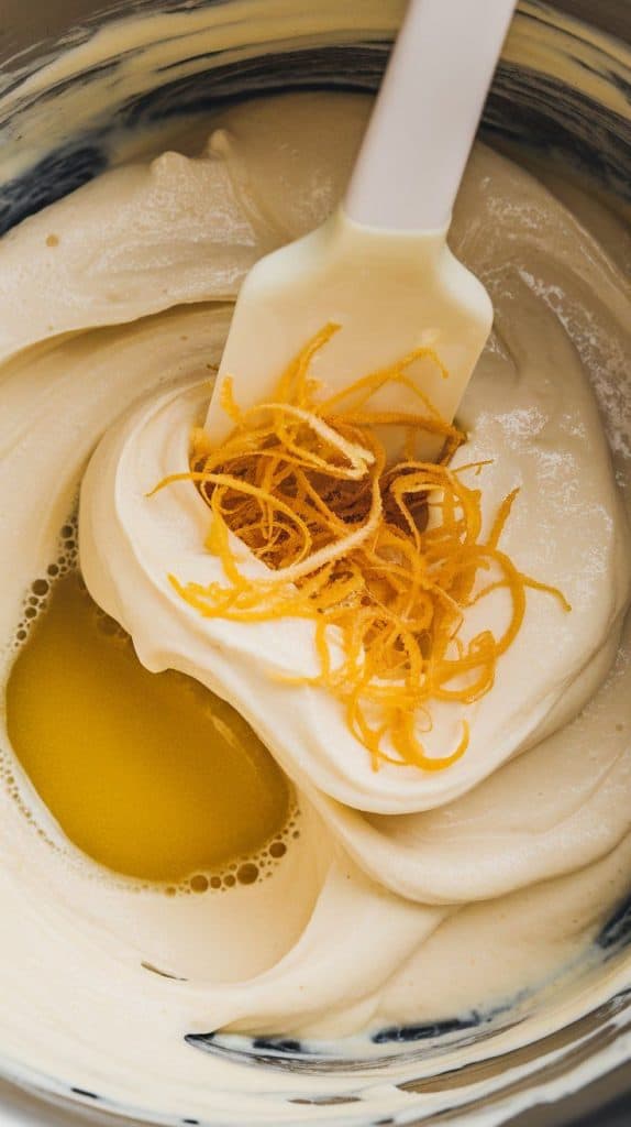 A super close-up shot of fresh lemon zest being sprinkled into the creamy melted fudge mixture