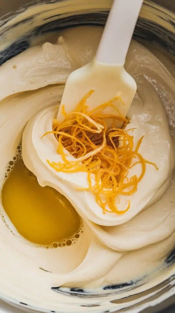 A super close-up shot of fresh lemon zest being sprinkled into the creamy melted fudge mixture