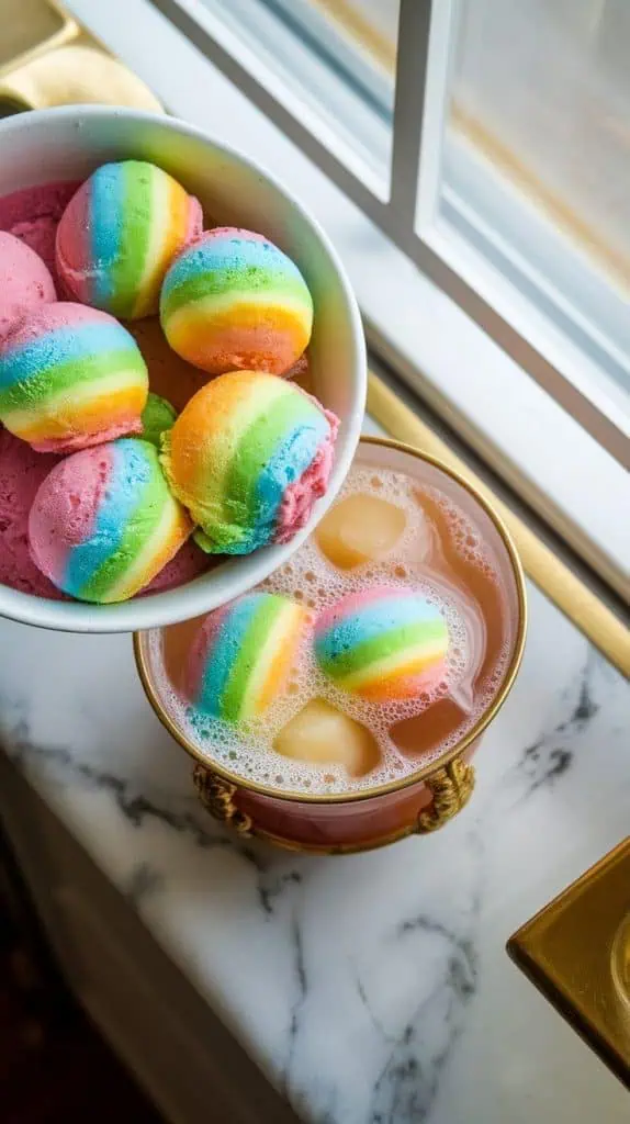 scoops of rainbow sherbet being added to the punch, the colors melting slightly into the bubbly liquid