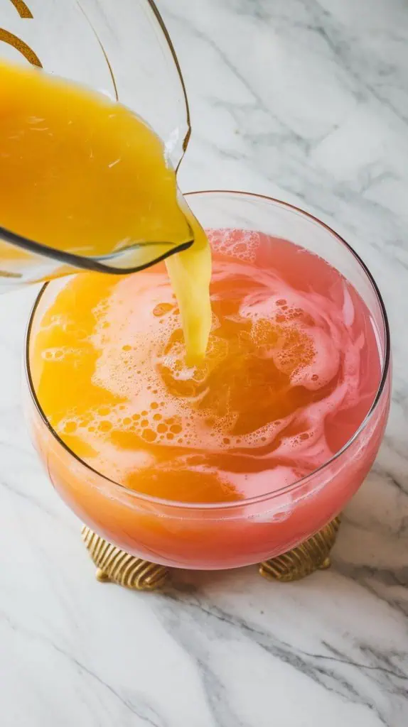 golden pineapple juice and bright pink lemonade being poured into a clear glass punch bowl, the colors swirling together
