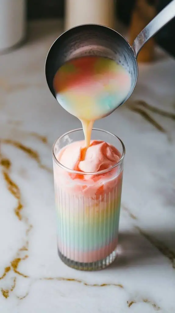 a ladle pouring pastel-colored punch with melted sherbet into a tall glass, the drink fizzing up slightly