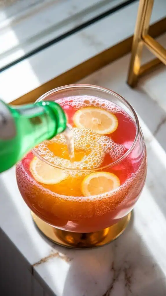 fizzy lemon-lime soda being poured from a green bottle into the punch bowl, creating bubbles on the surface