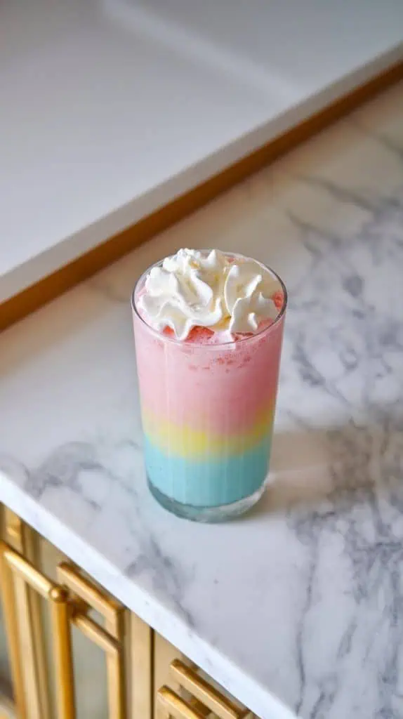 fluffy whipped cream being piped onto a pastel punch, the soft swirls standing tall over the bubbly drink
