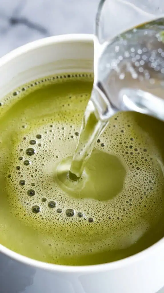 A super close-up, top-down shot of clear sparkling water being poured into the matcha coconut mix