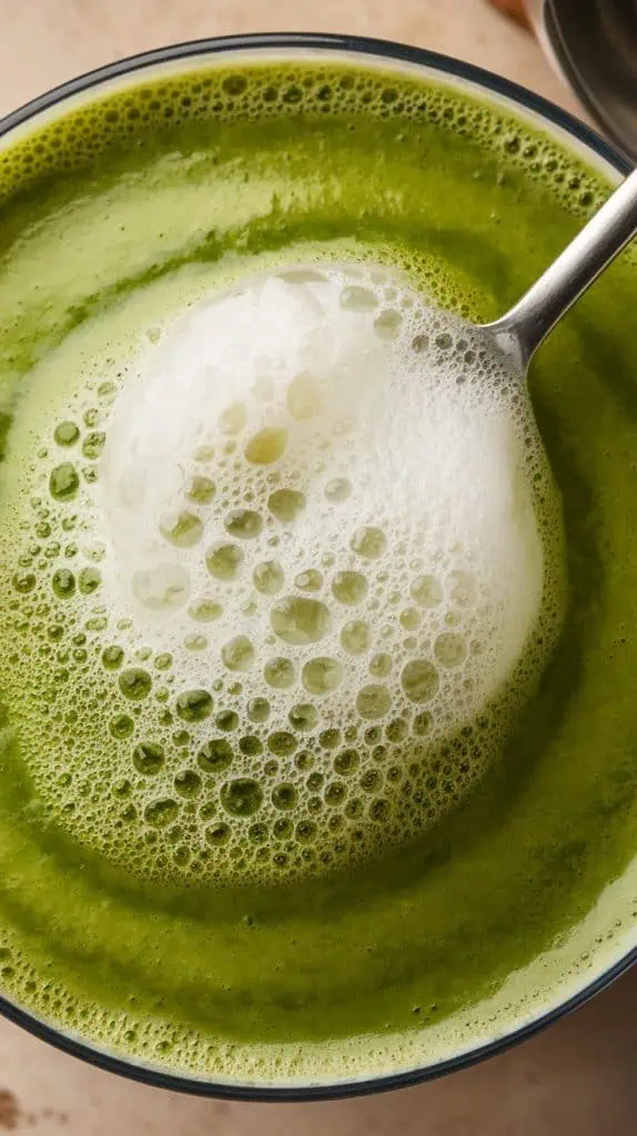 A super close-up, top-down shot of thick coconut foam being spooned onto the vibrant green matcha,