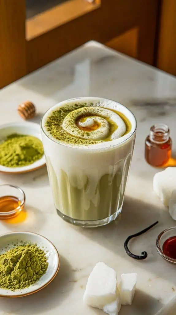 A super close-up, top-down shot of the finished Matcha Coconut Cloud, topped with a dusting of matcha powder and a drizzle of honey