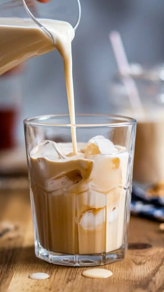 A super close-up, top-down shot of creamy horchata being poured over ice cubes in a clear glass