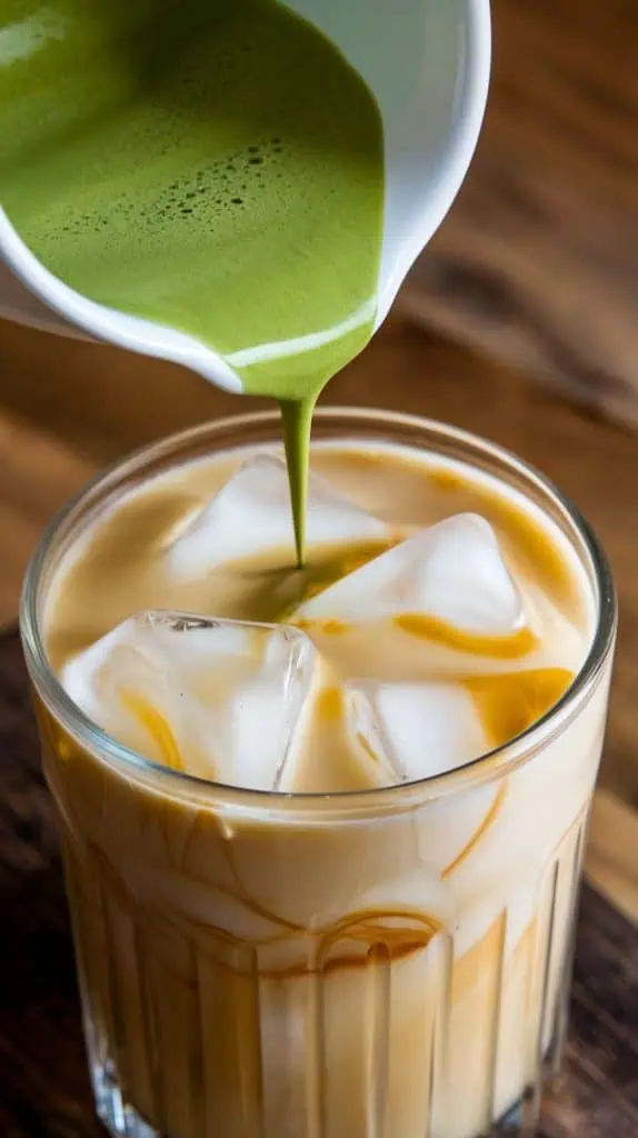 A super close-up, top-down shot of vibrant green matcha being poured over the creamy horchata