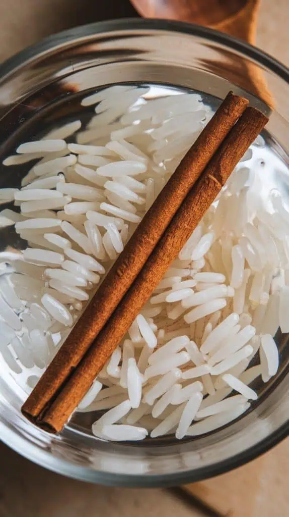 A super close-up, top-down shot of white rice and a cinnamon stick sitting in a bowl of water