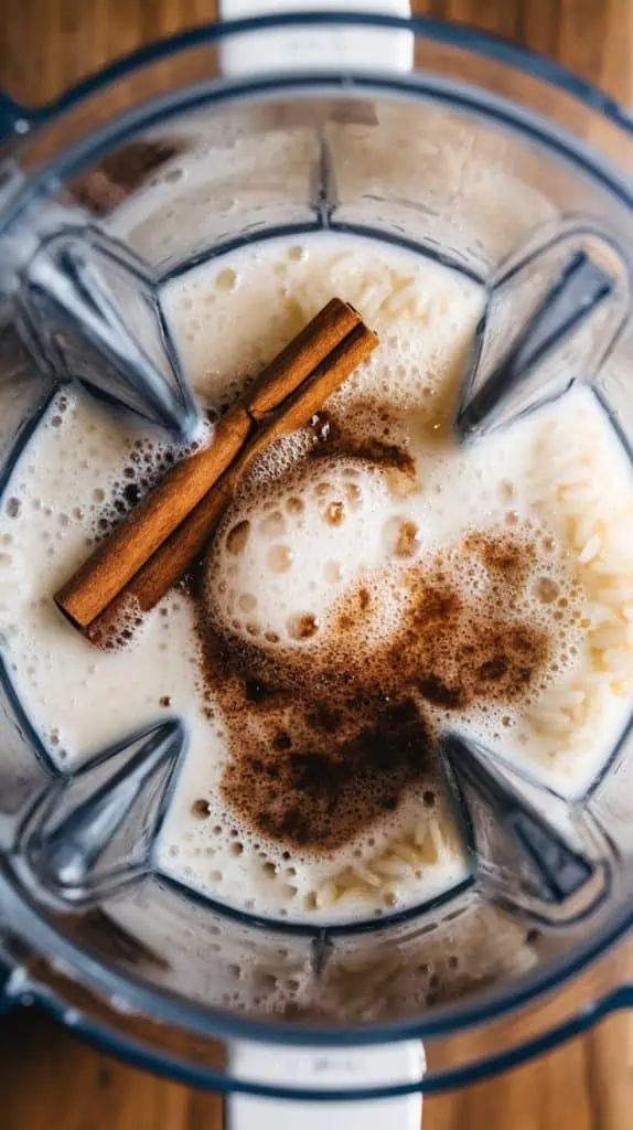 A super close-up, top-down shot of a blender filled with white rice, cinnamon stick, milk, and vanilla extract