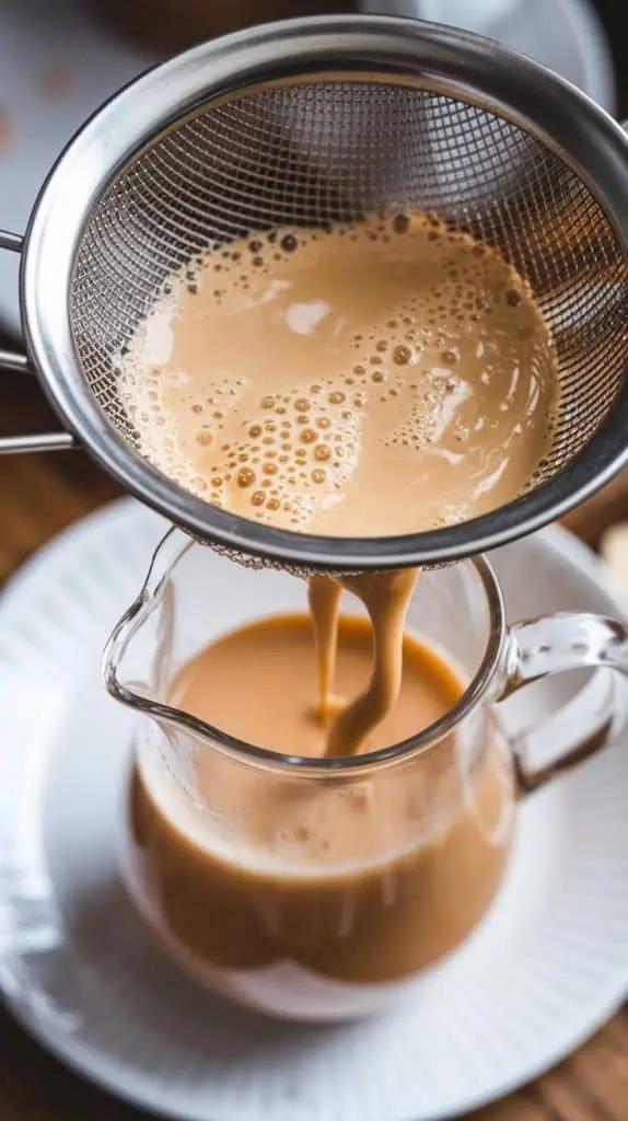  A super close-up, top-down shot of creamy horchata being strained through a fine mesh sieve into a glass pitcher