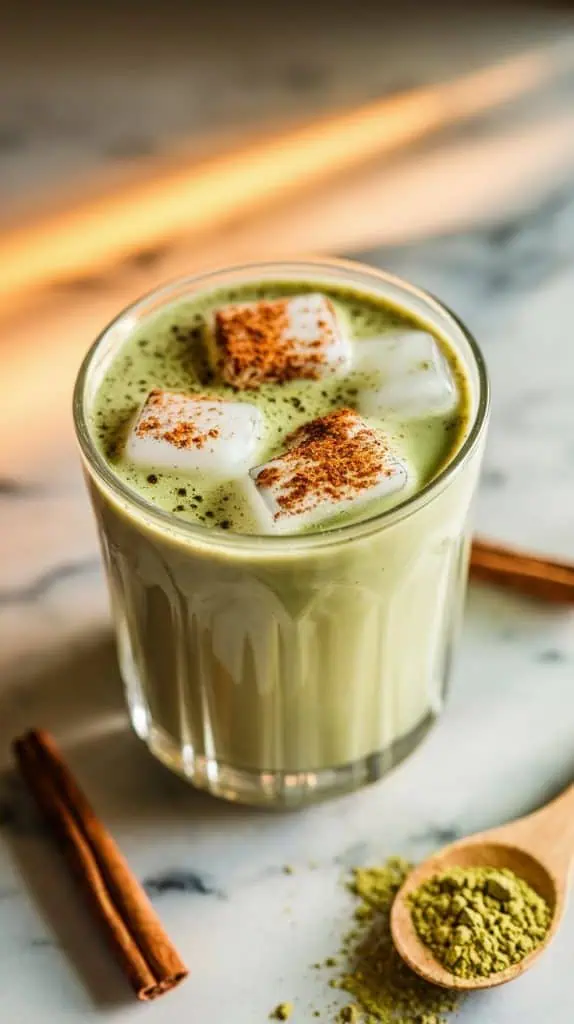 A super close-up, top-down shot of the finished Matcha Horchata, topped with a dusting of cinnamon