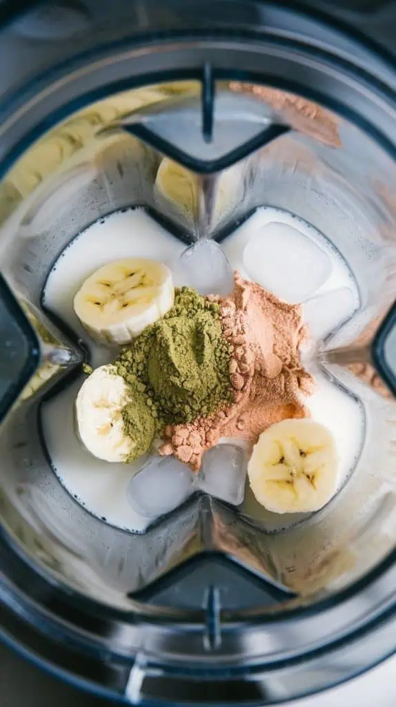 A super close-up, top-down shot of a blender filled with milk, frozen banana, matcha powder