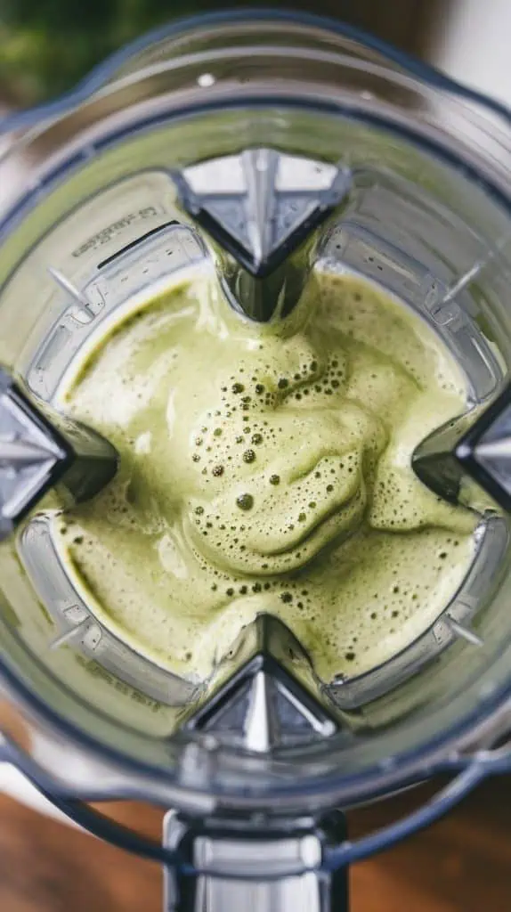 A super close-up, top-down shot of a blender mid-blend, the ingredients swirling into a thick