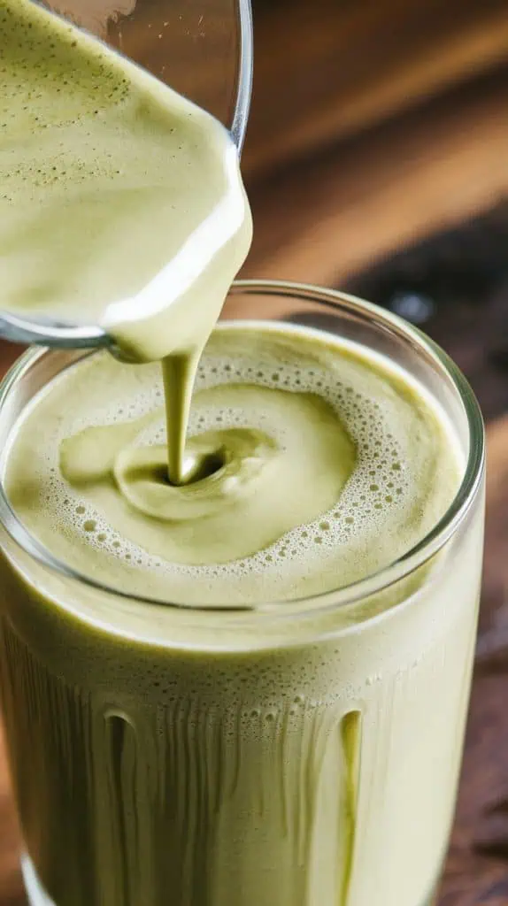 A super close-up, top-down shot of a creamy, frothy Matcha Protein Shake being poured into a clear glass