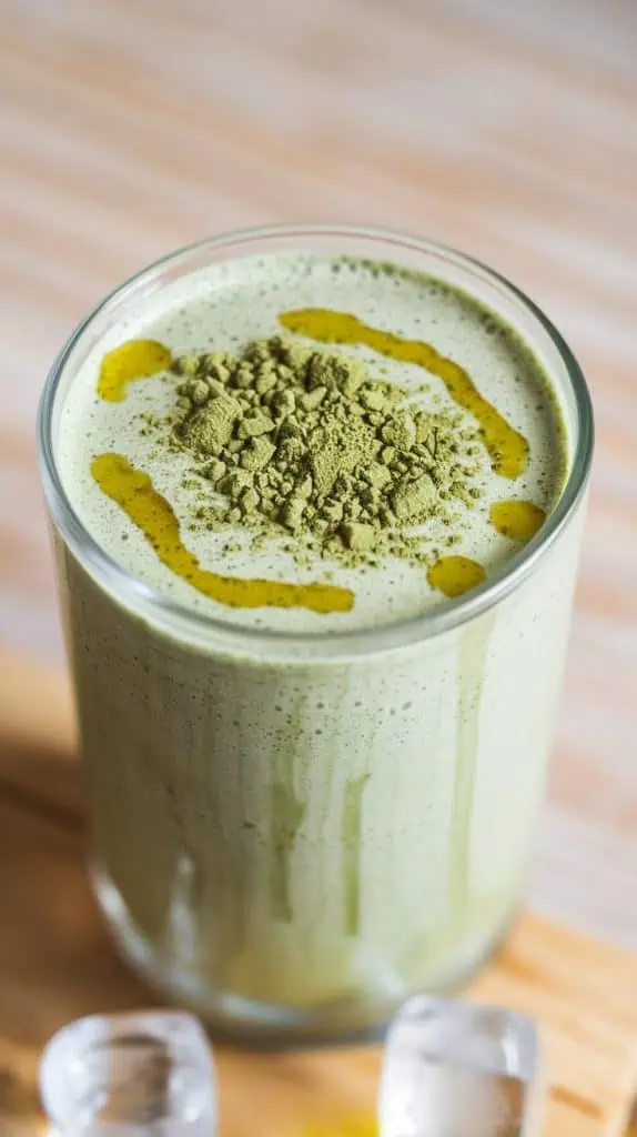 A super close-up, top-down shot of the finished Matcha Protein Shake