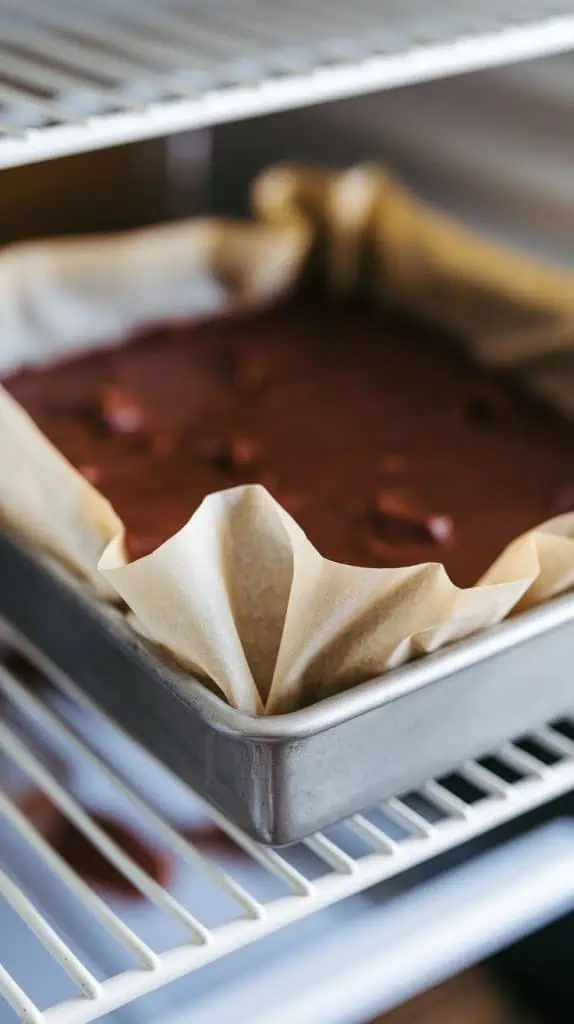 A super close-up shot of a baking dish covered with plastic wrap, resting in the fridge