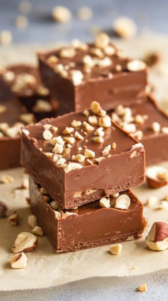 A super close-up shot of Nutella Fudge squares stacked on parchment paper