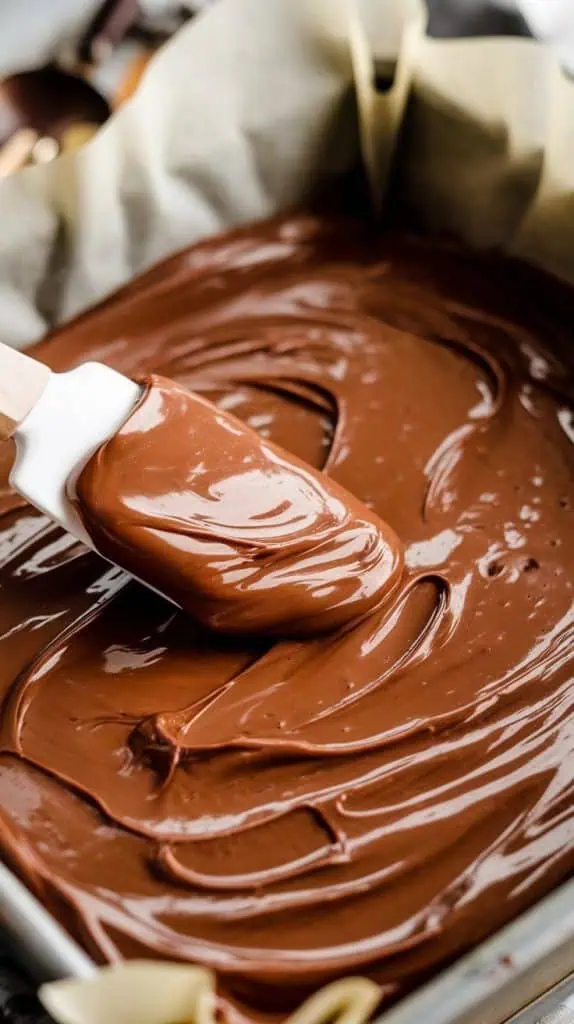 A super close-up shot of a spatula spreading thick Nutella fudge into a parchment-lined baking dish