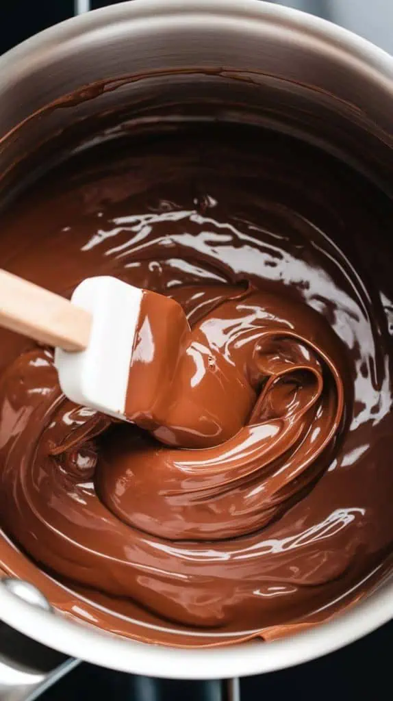 A super close-up shot of a spatula stirring melted chocolate, sweetened condensed milk, and Nutella in a saucepan
