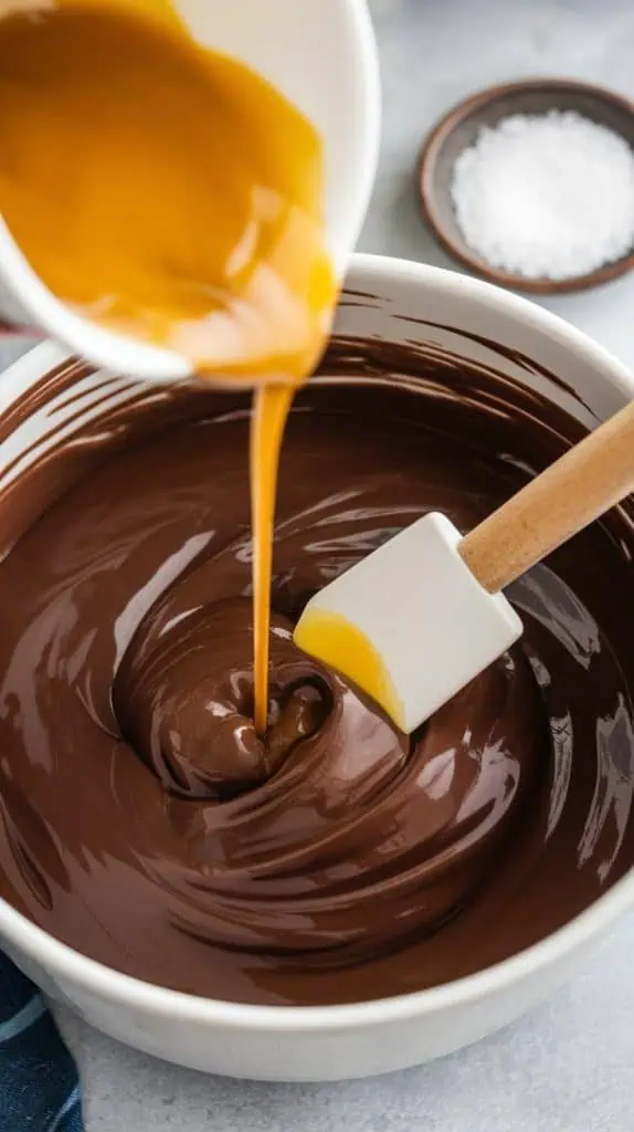 A super close-up shot of melted butter being poured into the smooth chocolate mixture