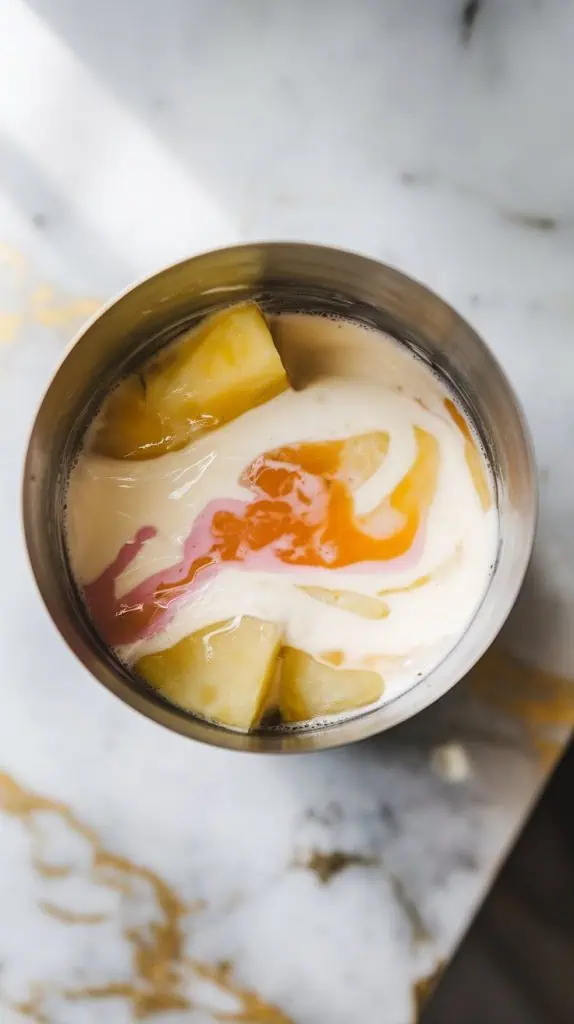 a cocktail shaker filled with creamy coconut cream, golden pineapple juice, clear tequila, bright orange triple sec