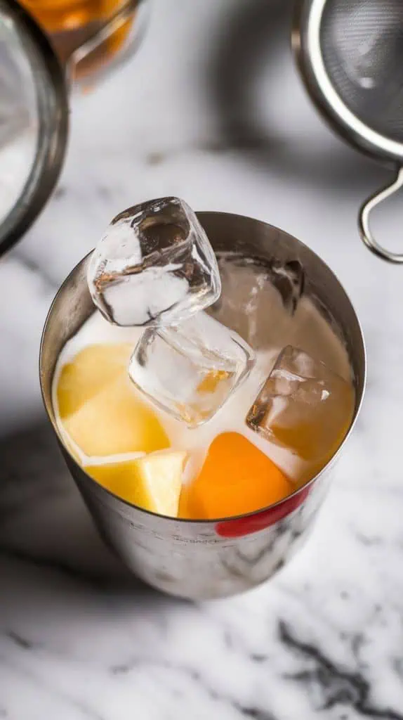 clear ice cubes being added into the cocktail shaker, the creamy liquid swirling inside before shaking