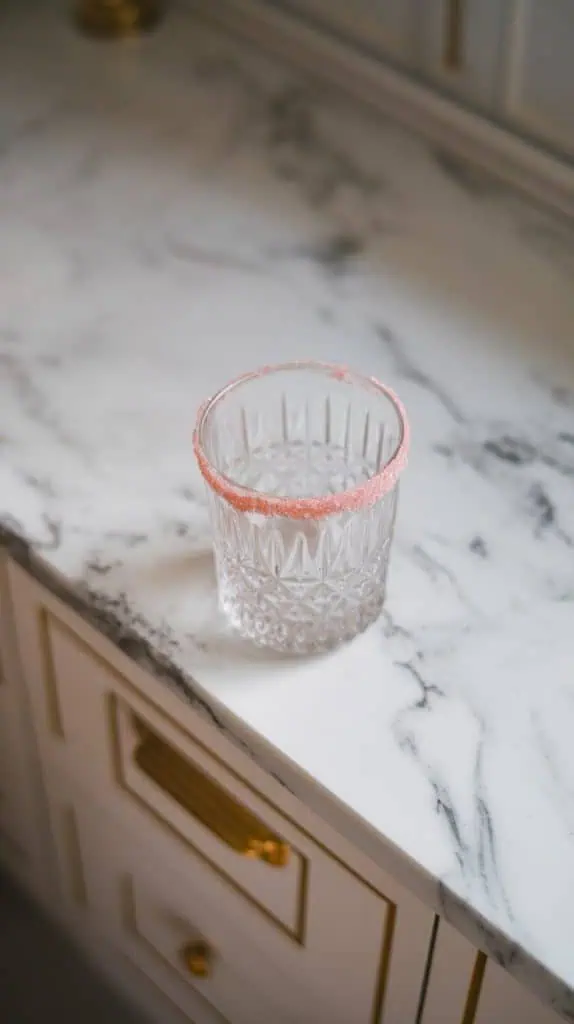 A super close-up shot of a margarita glass rim being dipped into a small plate of lime juice, followed by a swirl in pastel pink sugar