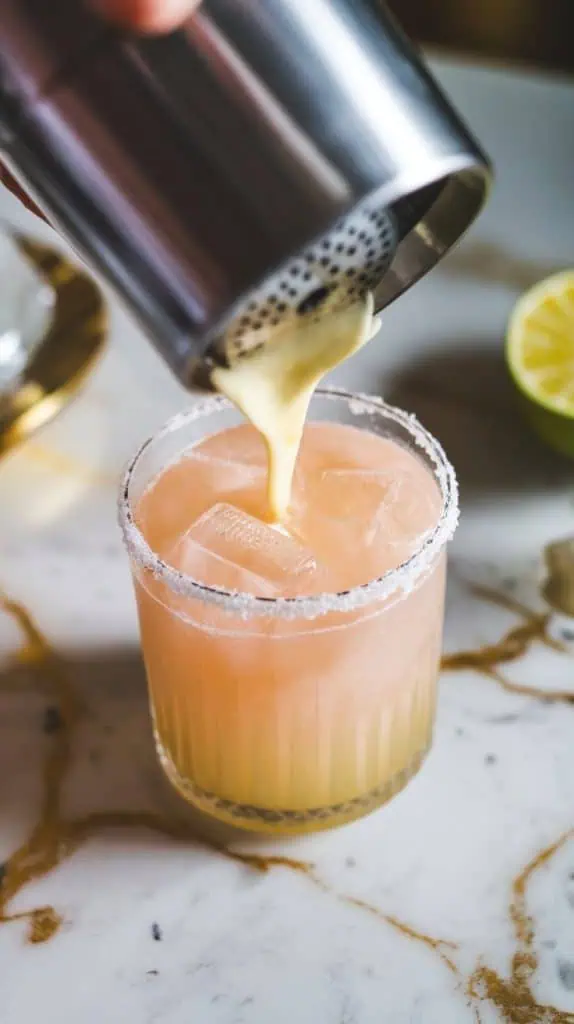 a pastel-colored margarita being strained from a shaker into a sugar-rimmed margarita glass