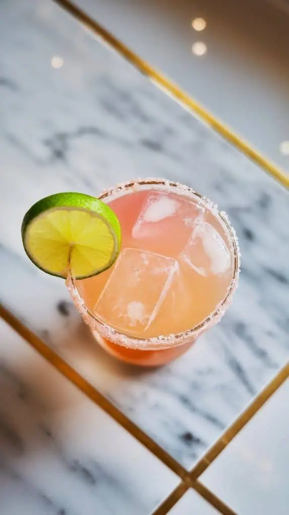 a vibrant green lime wedge resting on the rim of a margarita glass, filled with a pastel-colored margarita