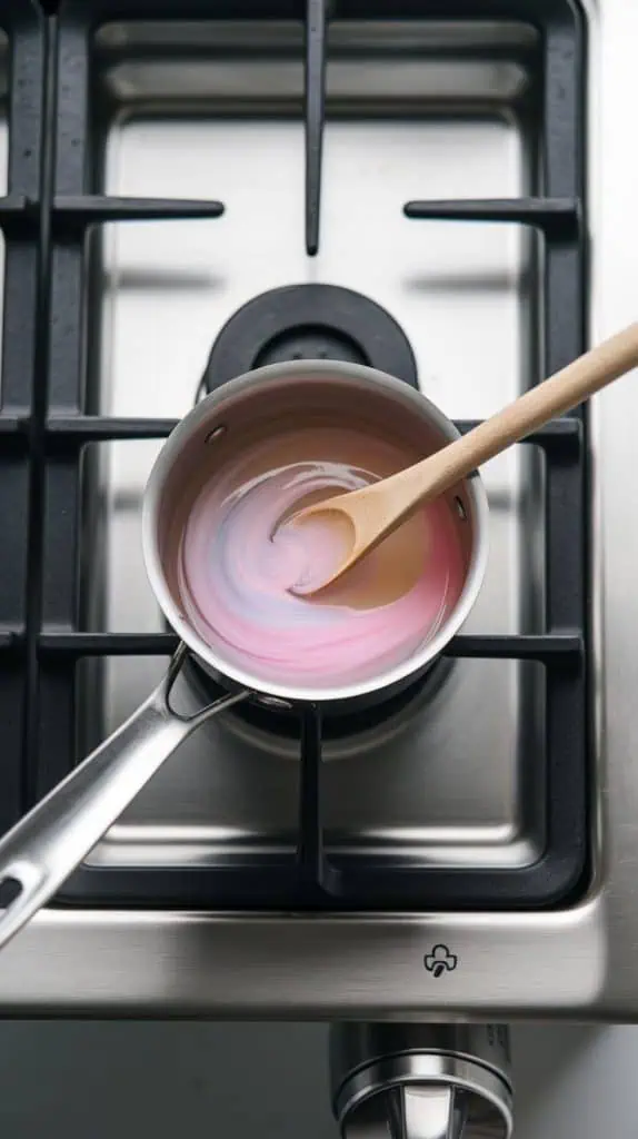 a small saucepan on a modern stainless steel gas stove, with clear simple syrup being stirred as a drop of pastel pink food