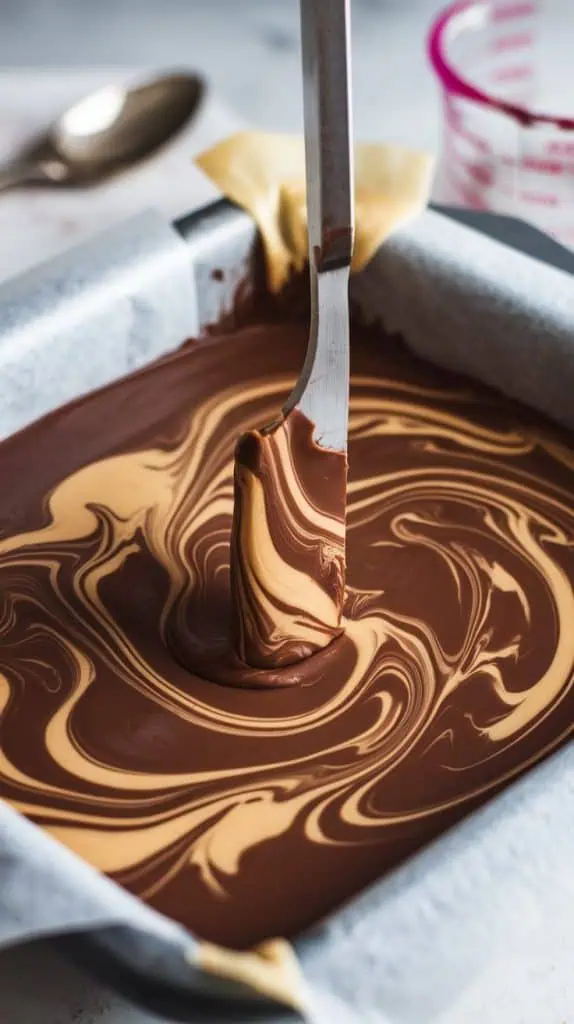 A super close-up shot of a knife swirling through the fudge, blending the chocolate and peanut butter