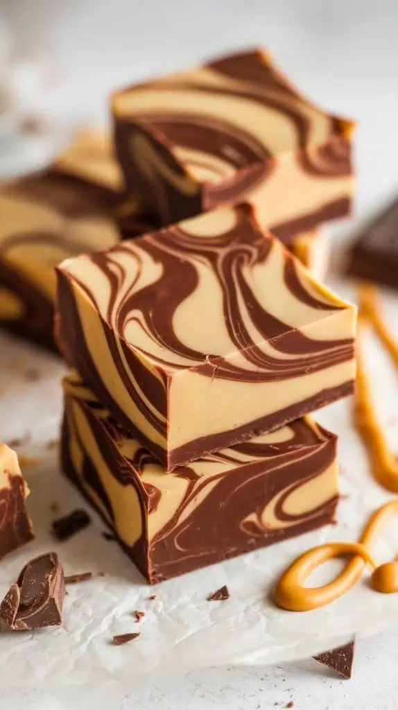 A super close-up shot of Peanut Butter Chocolate Swirl Fudge squares stacked on parchment paper