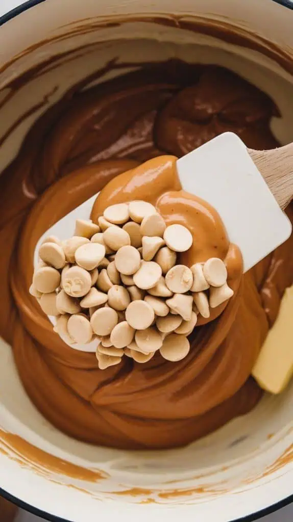 A super close-up shot of a spatula folding creamy peanut butter into melted white chocolate