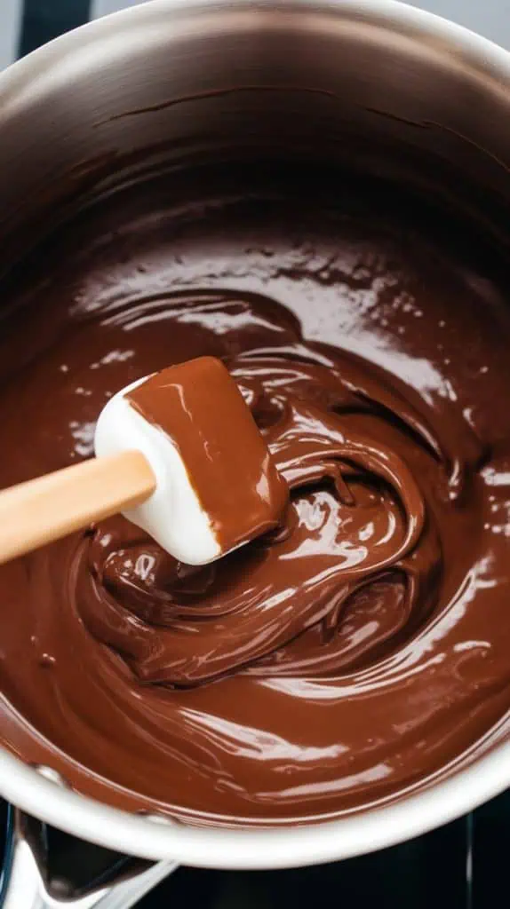 A super close-up shot of a spatula stirring melted semi-sweet chocolate and sweetened condensed milk