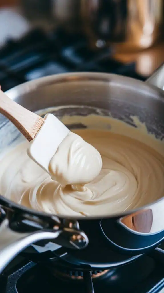 A super close-up shot of a spatula stirring melted white chocolate and sweetened condensed milk 