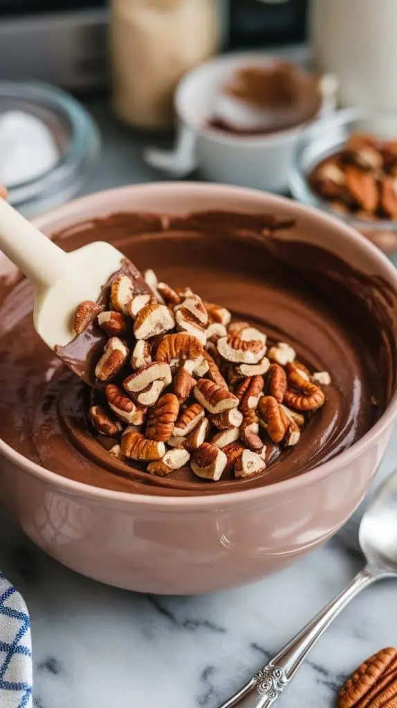 A super close-up shot of chopped praline pecans being folded into the creamy melted fudge